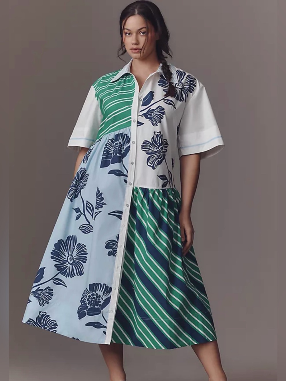 Maeve Green, Navy & Light Blue Mixed-Print Button-Front Dress